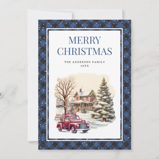 Snowy Blue Plaid Red Truck Merry Christmas Kaart (Voorkant)