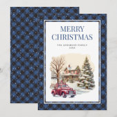 Snowy Blue Plaid Red Truck Merry Christmas Kaart (Voorkant / Achterkant)