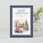 Snowy Blue Plaid Red Truck Merry Christmas Kaart (Staand voorkant)