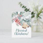 Snowy Blue Spruce Holly Berries & Kraft Bells Briefkaart (Staand voorkant)