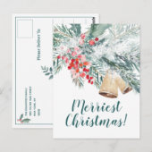 Snowy Blue Spruce Holly Berries & Kraft Bells Briefkaart (Voorkant / Achterkant)