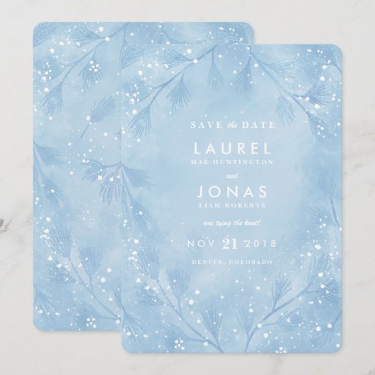Snowy Blue Winter Wedding Save the Date Cards (Voorkant / Achterkant)