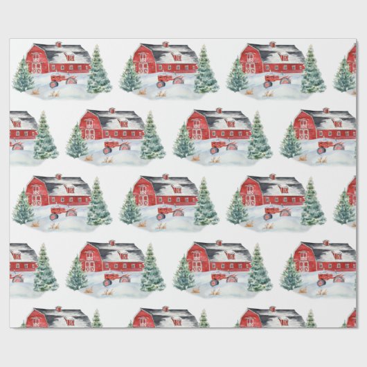 Snowy Boerderij Kerstmis Cadeaupapier (Vlak)