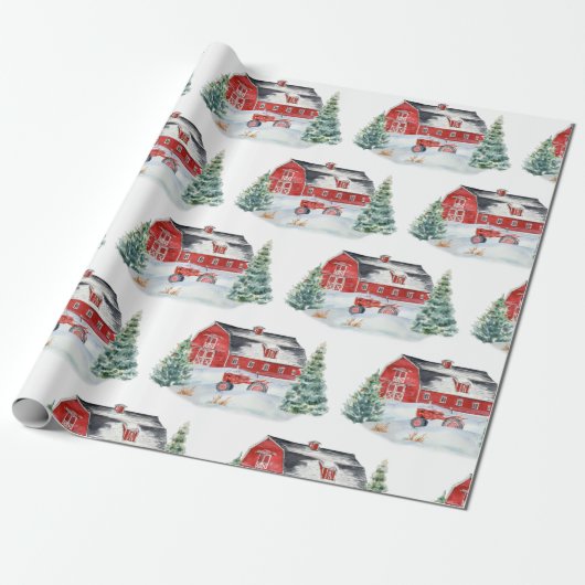 Snowy Boerderij Kerstmis Cadeaupapier (Uitgerold)