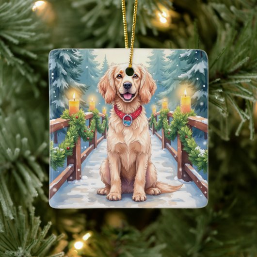 Snowy Bridge Boykin Spaniel Christmas Art Keramisch Ornament (Boom)