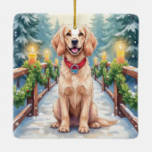 Snowy Bridge Boykin Spaniel Christmas Art Keramisch Ornament (Achterkant)