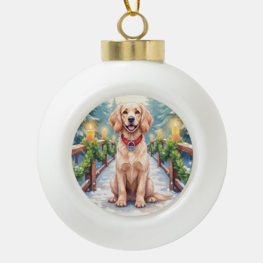 Snowy Bridge Boykin Spaniel Christmas Art Keramische Bal Ornament (Voorkant)