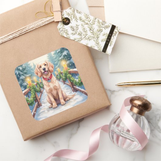 Snowy Bridge Boykin Spaniel Christmas Art Vierkante Sticker (Geschenken)