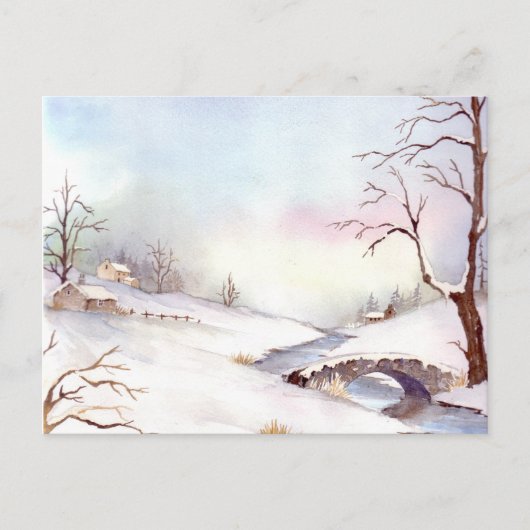 Snowy Bridge Waterverf Landscape Painting Briefkaart (Voorkant)