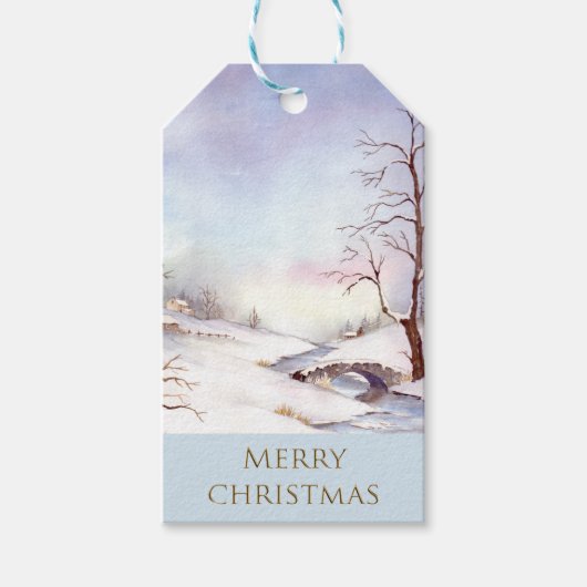 Snowy Bridge Waterverf Landscape Painting Cadeaulabel (Voorkant)