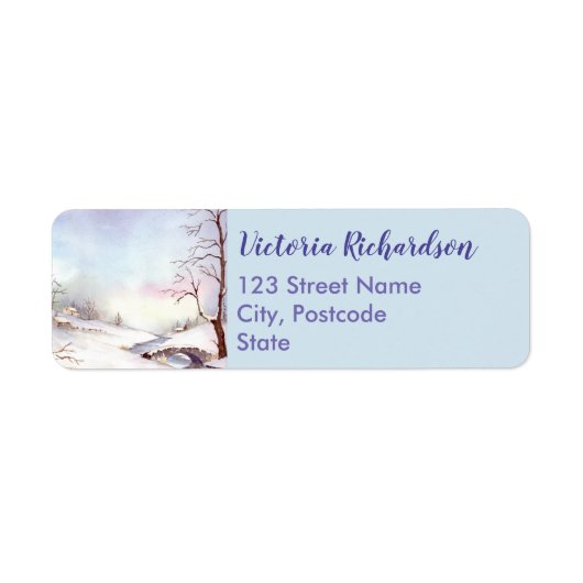 Snowy Bridge Waterverf Landscape Painting Etiket (Voorkant)