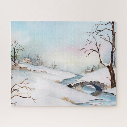 Snowy Bridge Waterverf Landscape Painting Legpuzzel (Horizontaal)