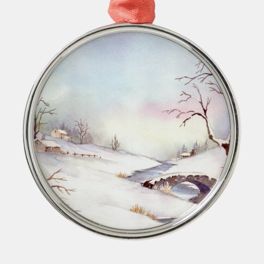 Snowy Bridge Waterverf Landscape Painting Metalen Ornament (Voorkant)