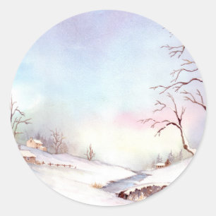 Snowy Bridge Waterverf Landscape Painting Ronde Sticker