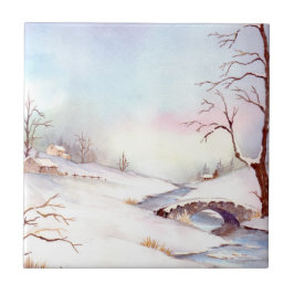 Snowy Bridge Waterverf Landscape Painting Tegeltje