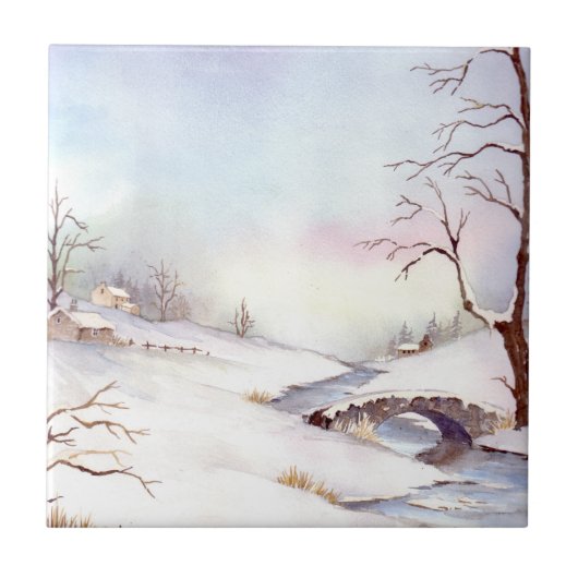 Snowy Bridge Waterverf Landscape Painting Tegeltje (Voorkant)