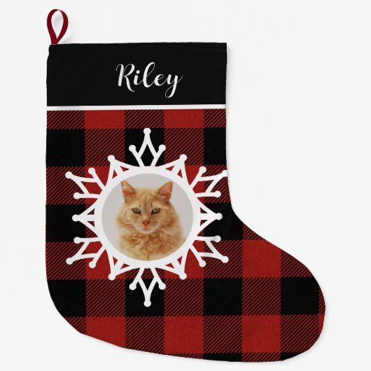 Snowy Buffalo Plaid Cat Christmas Stocking Grote Kerstsok (Voorkant)