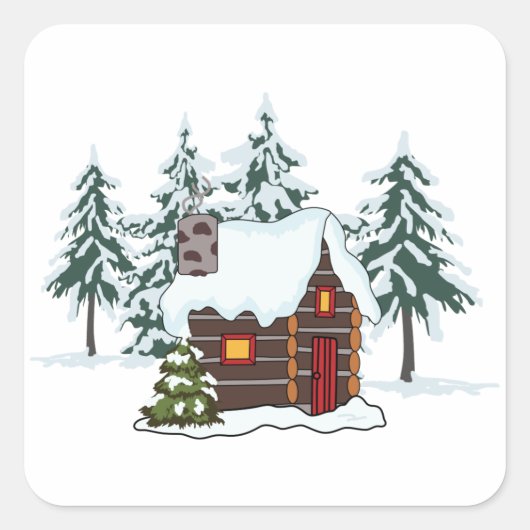 Snowy Cabin Scene Vierkante Sticker (Voorkant)