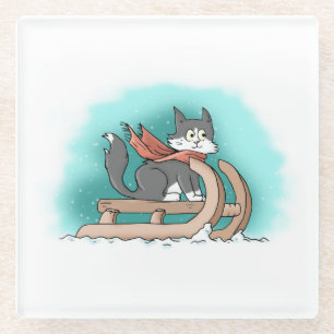 Snowy Cartoon Kat op Gelezeld met Scarf Glazen Onderzetter
