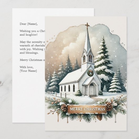 Snowy Chapel bij nacht | Gloeiende kerstscène Feestdagenkaart (Voorkant / Achterkant)