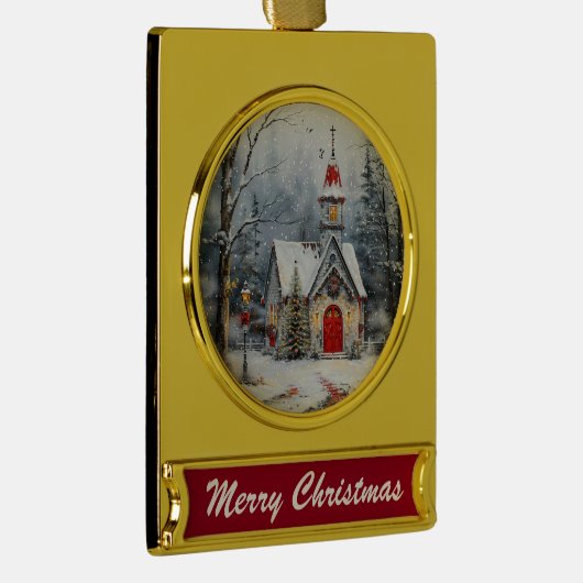 Snowy Chapel Glow Verguld Banner Ornament (Rechts)