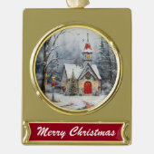Snowy Chapel Glow Verguld Banner Ornament (Voorkant)