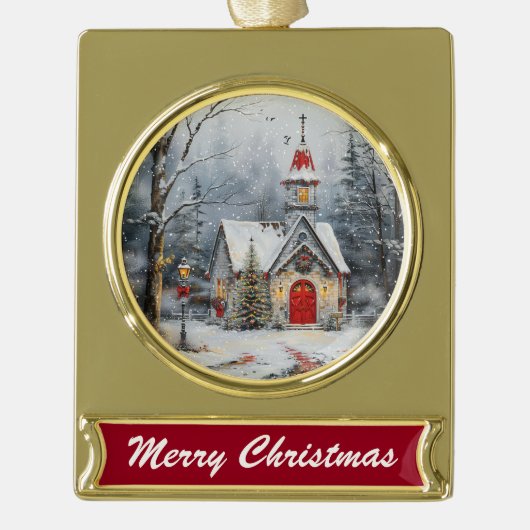Snowy Chapel Glow Verguld Banner Ornament (Voorkant)