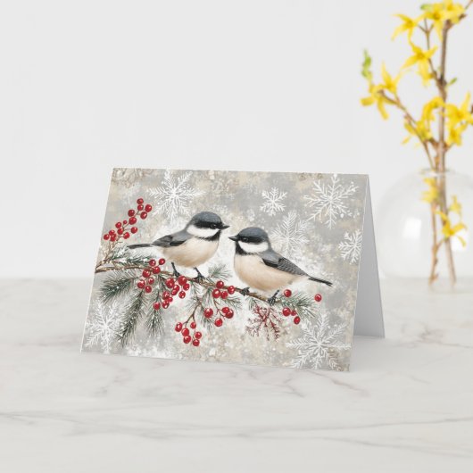 Snowy Chickadees op Evergreen met bessen Kaart (Gele Bloem)