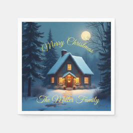 Snowy Christmas Cabin Paper Napkin – Customizable Servet