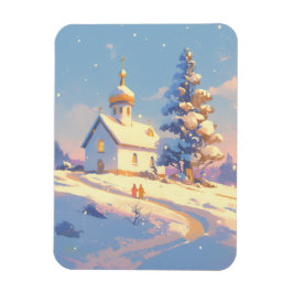 Snowy Christmas Church Scene Magneet