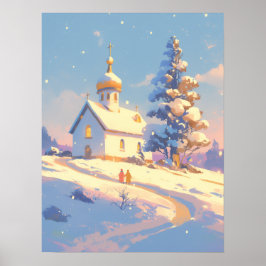 Snowy Christmas Church Scene Poster