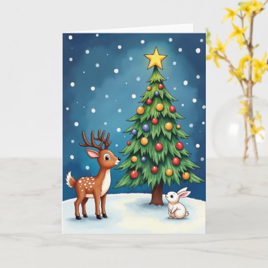 Snowy Christmas Deer Bunny Kaart (Gele Bloem)