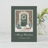 Snowy Christmas Door Donkergroen Feestdagenkaart (Staand voorkant)