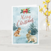Snowy Christmas Fox en Rabbit Schilderachtig Kaart (Gele Bloem)