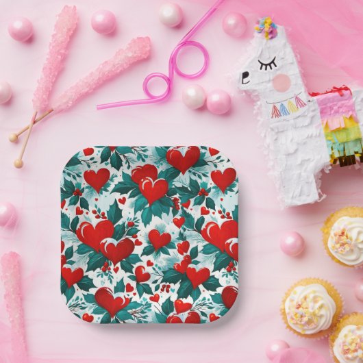 Snowy Christmas Hearts rood, groen en wit Papieren Bordje (Feest)