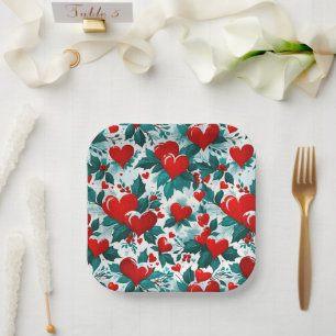Snowy Christmas Hearts rood, groen en wit Papieren Bordje