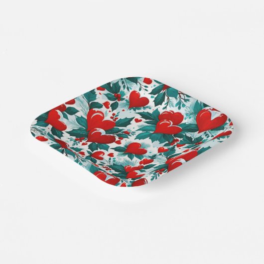Snowy Christmas Hearts rood, groen en wit Papieren Bordje (Gebogen)