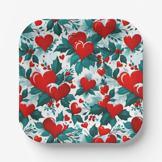 Snowy Christmas Hearts rood, groen en wit Papieren Bordje (Voorkant)