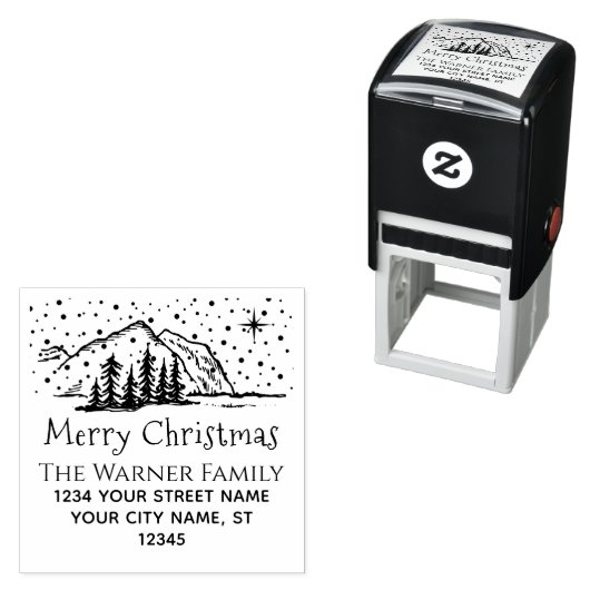 Snowy Christmas Mountains Trees Naam RET Adres Zelfinktende Stempel (In situ)