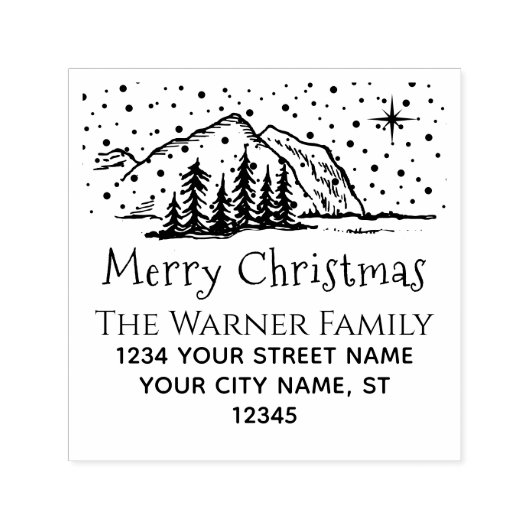 Snowy Christmas Mountains Trees Naam RET Adres Zelfinktende Stempel (Design)