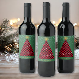 Snowy Christmas Plaids Tree personaliseren Wijn Etiket