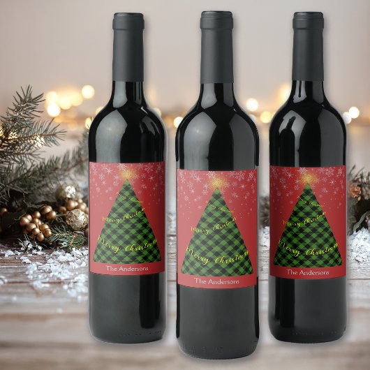 Snowy Christmas Plaids Tree personaliseren Wijn Etiket