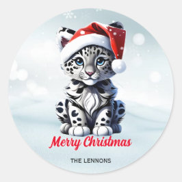 Snowy Christmas Santa Schattigee Sneeuw Leopard Cu Ronde Sticker