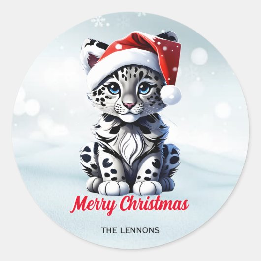 Snowy Christmas Santa Schattigee Sneeuw Leopard Cu Ronde Sticker (Voorkant)