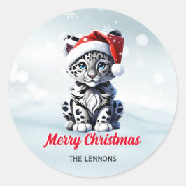 Snowy Christmas Santa Schattigee Sneeuw Leopard Cu Ronde Sticker