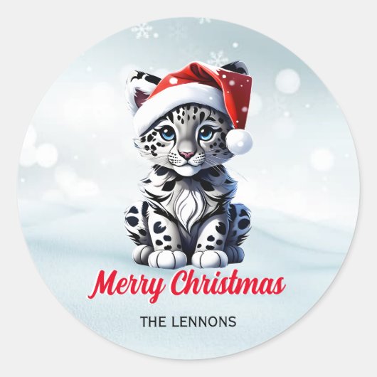 Snowy Christmas Santa Schattigee Sneeuw Leopard Cu Ronde Sticker (Voorkant)