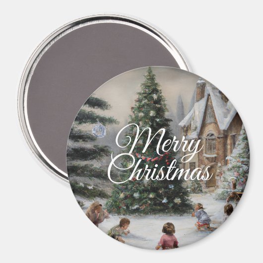 Snowy Christmas Tree Oil Painting Kids' Play Magneet (Voorkant / Achterkant)