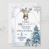 Snowy Christmas Tree Rendier Eerste Verjaardag Kaart (Voorkant)