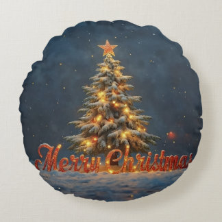 Snowy Christmas Tree with Warm Lights Rond Kussen
