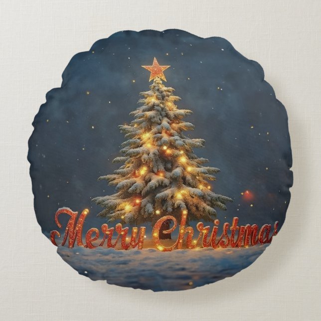 Snowy Christmas Tree with Warm Lights Rond Kussen (Voorkant)